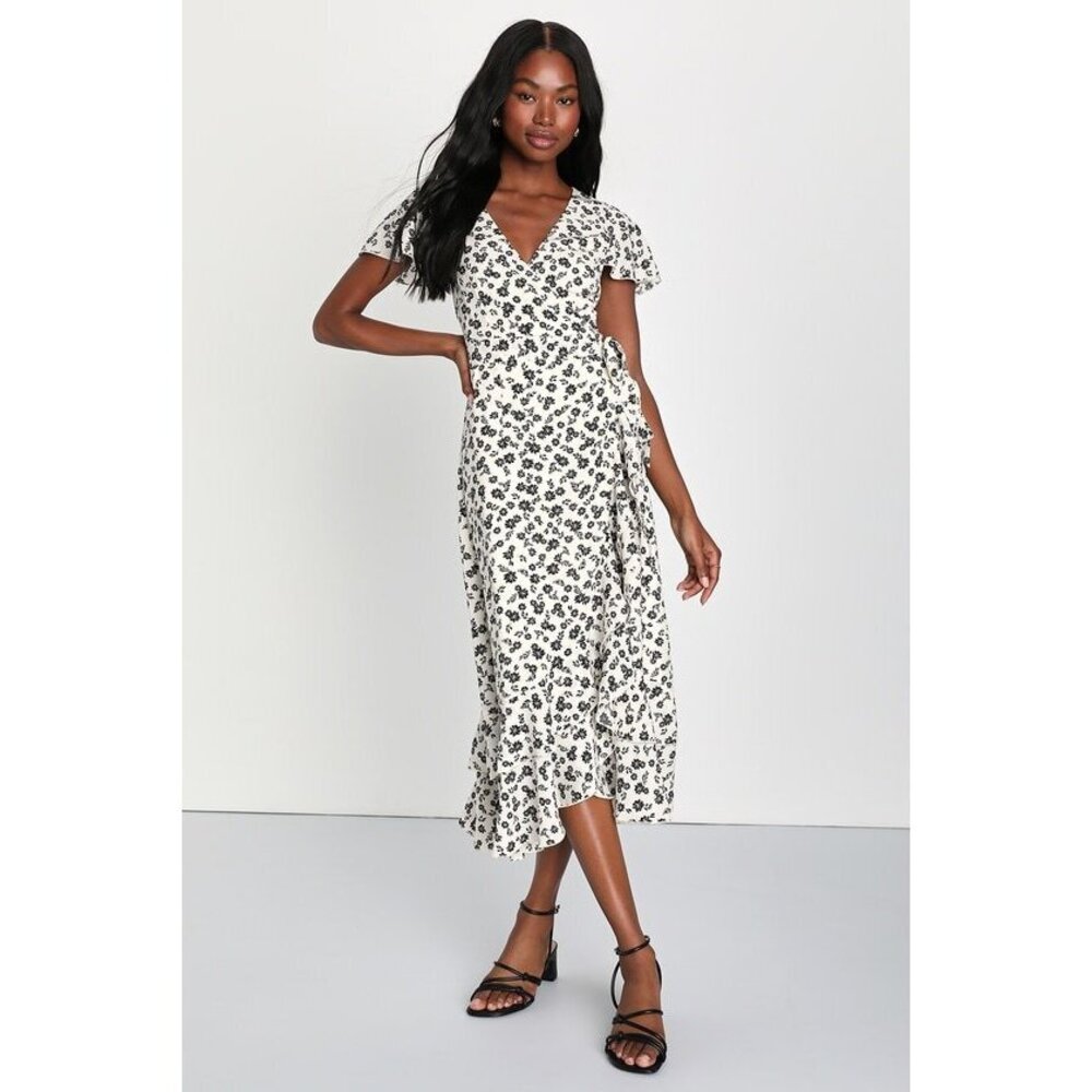 Ivory Floral Ruffled Wrap Midi Dress